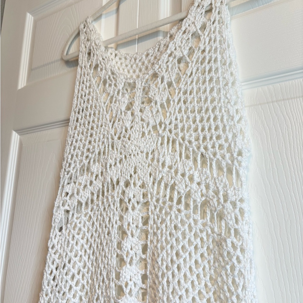 BOHO Cool White Intricate Crochet Knit Fringe Hem Festival Beach Summer Cover Up - Picture 4 of 7